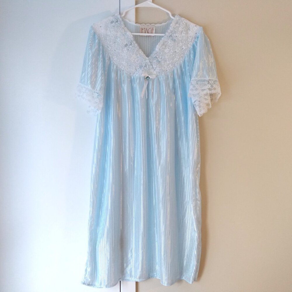 Vintage Blue Nightie Size XL Shiny Sheer Nightgown Lace Trim